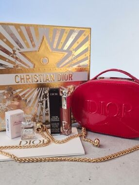 Dior Red Patent Leather Cosmetic Crossbody Bag with Gold Chain -NEW